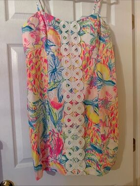 Lilly Pulitzer Pink Yellow Blue Floral Mini Dress with White Trim Size XL